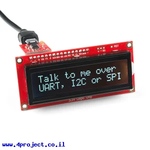 LCD טקסט 16x2, כתב RGB על רקע שחור, 3.3V, ממשק טורי