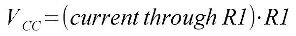 "Vcc = (Current through R1) * R1"