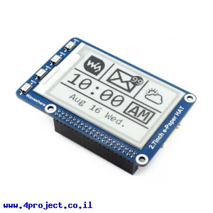מסך E-Ink ל-2 צבעים, גודל 2.7", רזולוציה 264x176, ממשק RPi