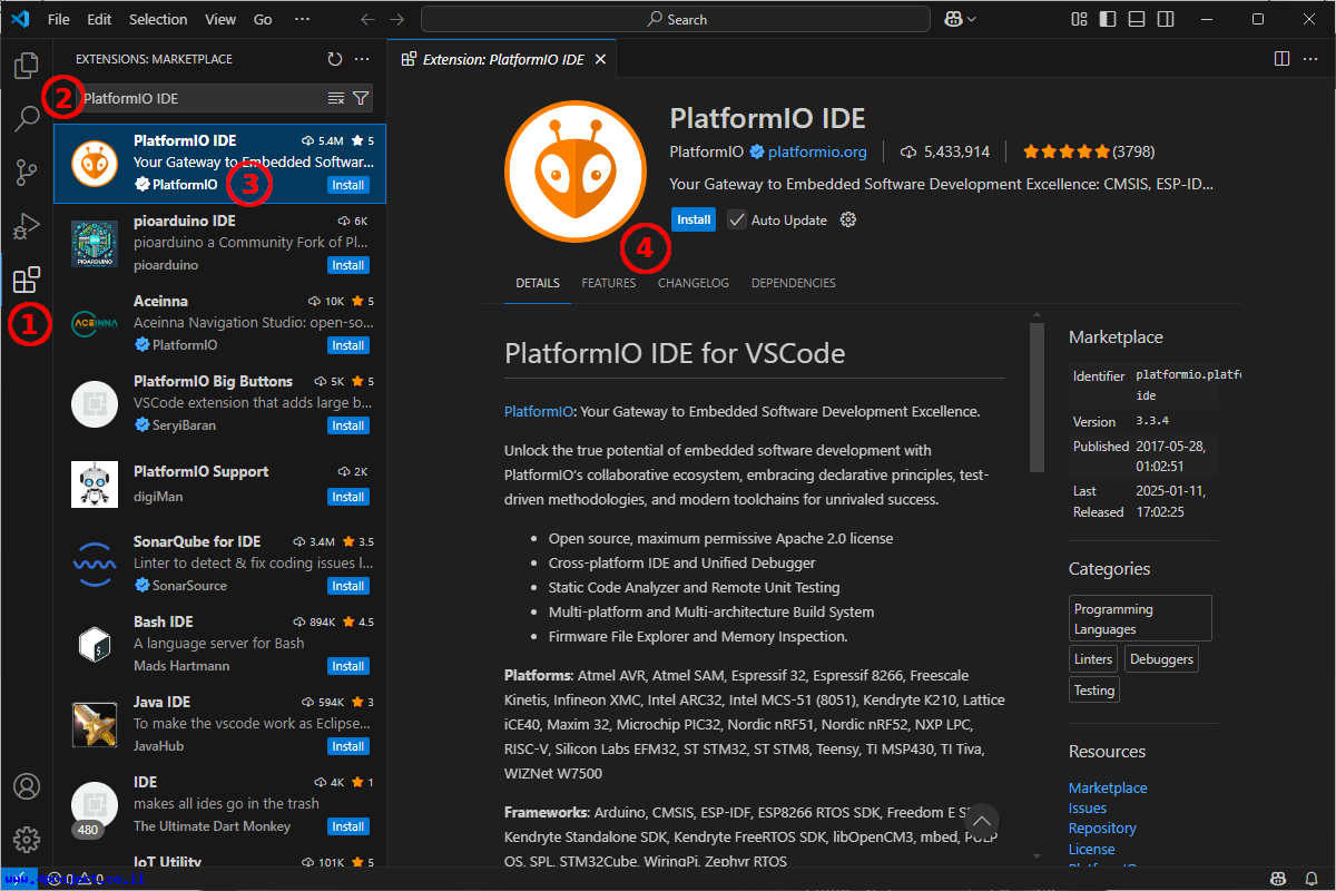 "שלבים להתקנת PlatformIO ב-VSCode"