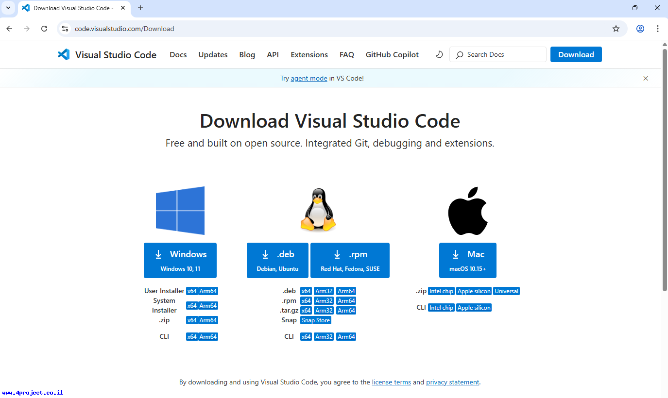 "גרסאות של VSCode למערכות הפעלה שונות"