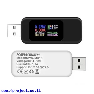 מד מתח/זרם/הספק בחיבור USB - דגם MX18
